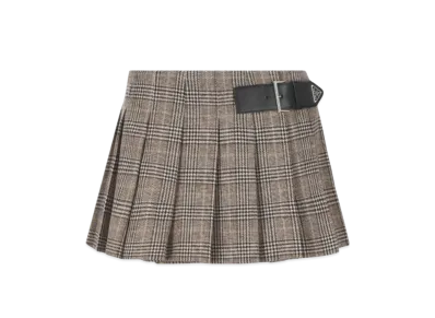 PRADA Women's Houndstooth Logo Belt Pleated Mini Skirt "Camel Brown"