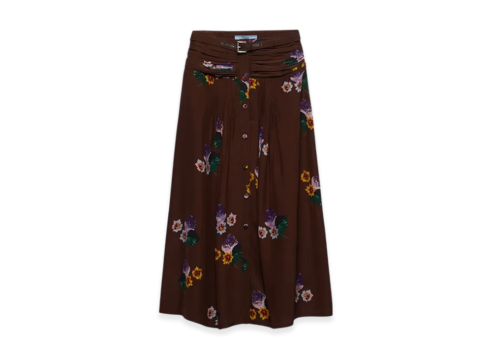 PRADA Women's Printed Pongee Midi Skirt "Cocoa Brown"