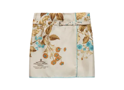 PRADA Women's Printed Silk Twill Miniskirt "Sand Beige"