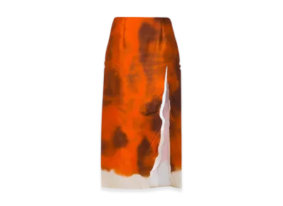 PRADA Women's Printed Satin Midi Skirt with Slit "Orange"