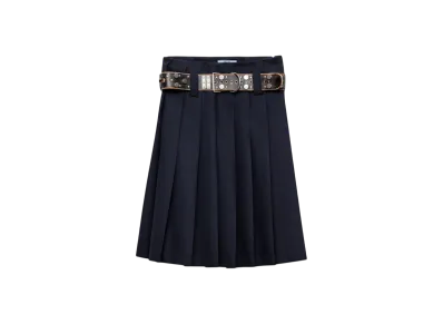 PRADA Women's Pleated Rush Stitch Skirt with Belt "Navy"