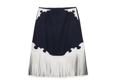 PRADA Women's Rush Stitch Skirt with Leather Fringe "Navy"
