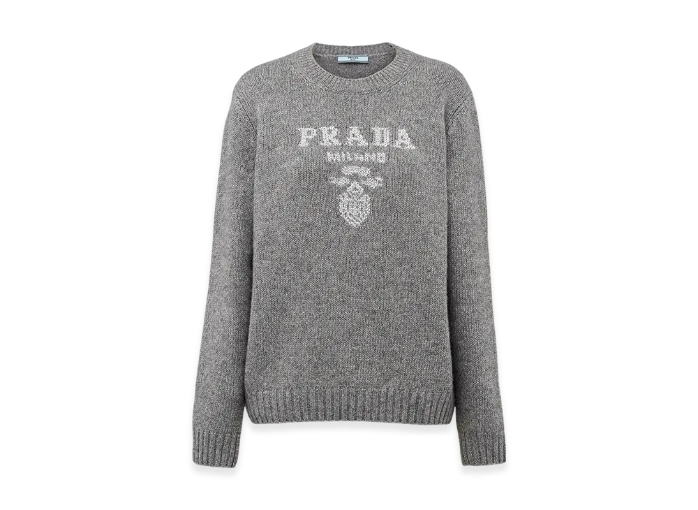 PRADA Women's Wool Cashmere and Lame Crew-Neck Sweater "Gray/Silver"