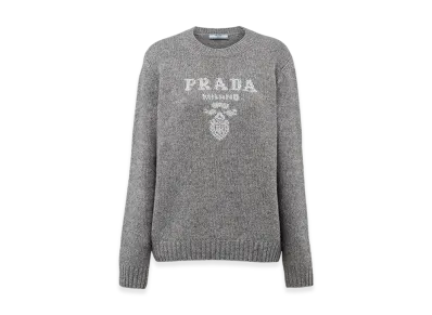 PRADA Women's Wool Cashmere and Lame Crew-Neck Sweater "Gray/Silver"