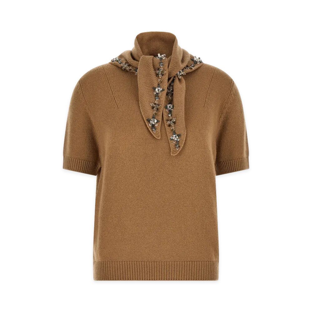 PRADA Women's Jewel Scarf Sweater "Camel"