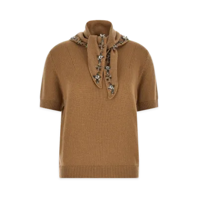 PRADA Women's Jewel Scarf Sweater "Camel"