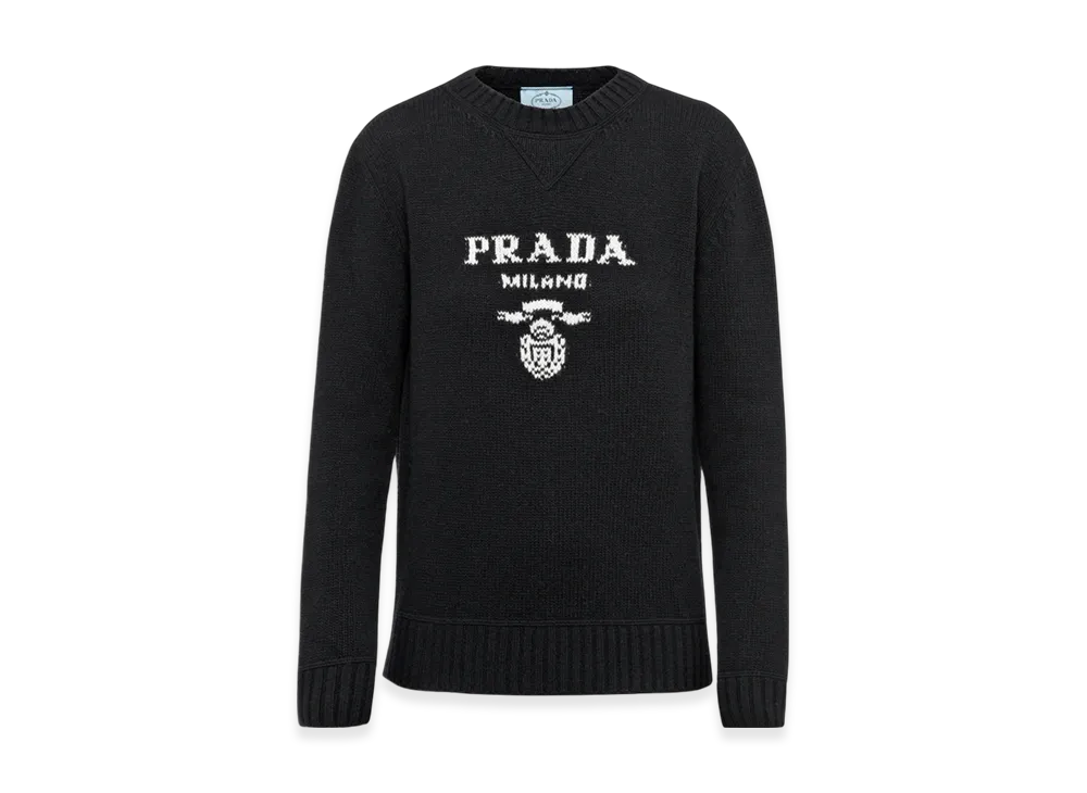 PRADA Women's Wool Cashmere Logo Crewneck Sweater "Black"