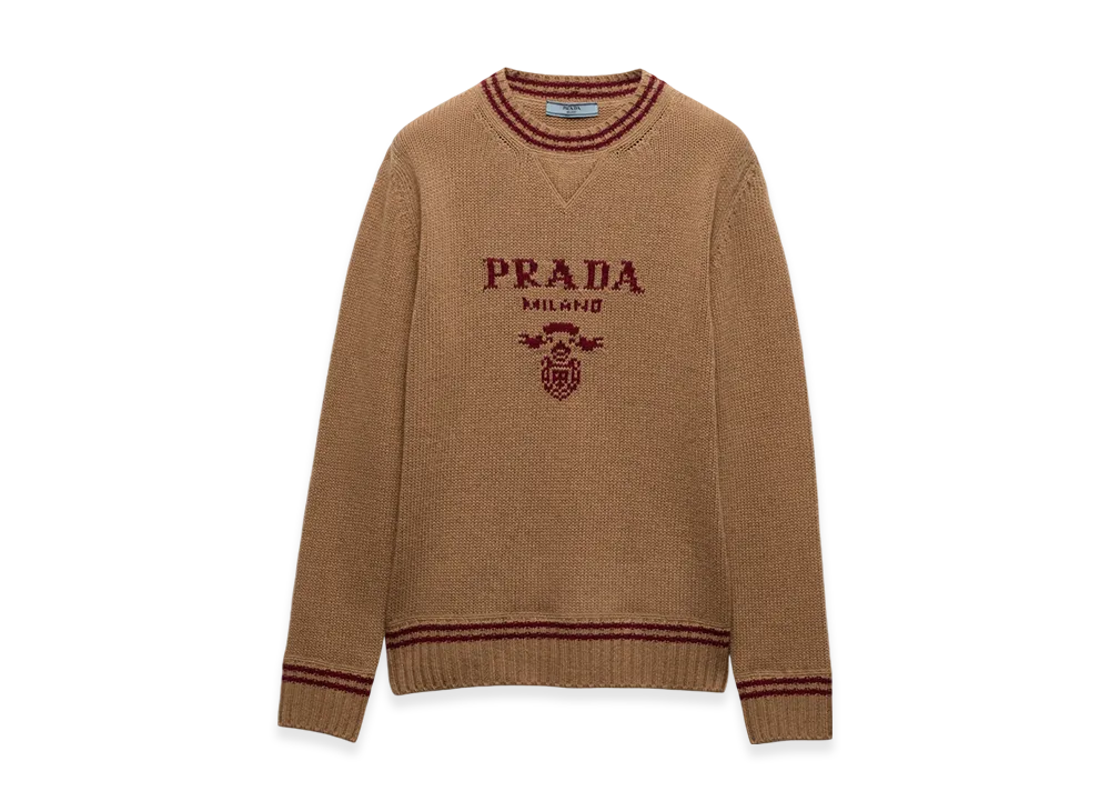 PRADA Women's Wool and Cashmere Crewneck Sweater "Camel/Amaranth"