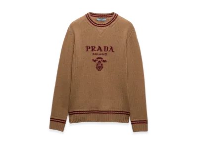 PRADA Women's Wool and Cashmere Crewneck Sweater "Camel/Amaranth"