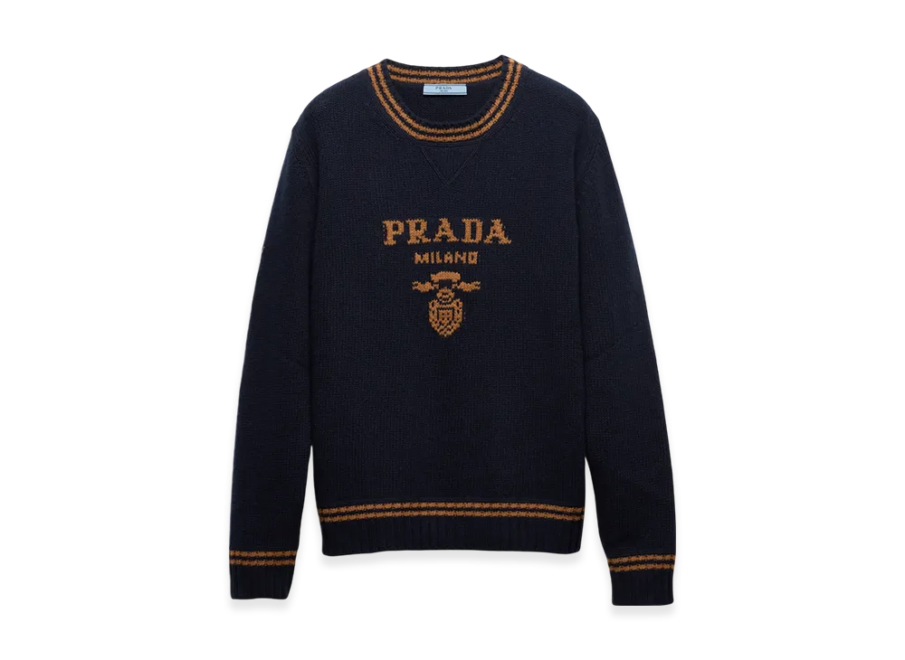 PRADA Women's Wool and Cashmere Crewneck Sweater "Blue/Tobacco"