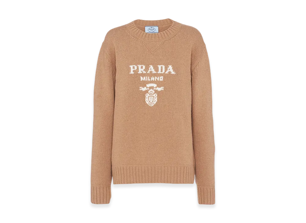 PRADA Women's Cashmere Wool PRADA Logo Crew-Neck Sweater "Camel Brown"