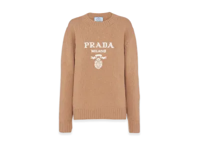 PRADA Women's Cashmere Wool PRADA Logo Crew-Neck Sweater "Camel Brown"