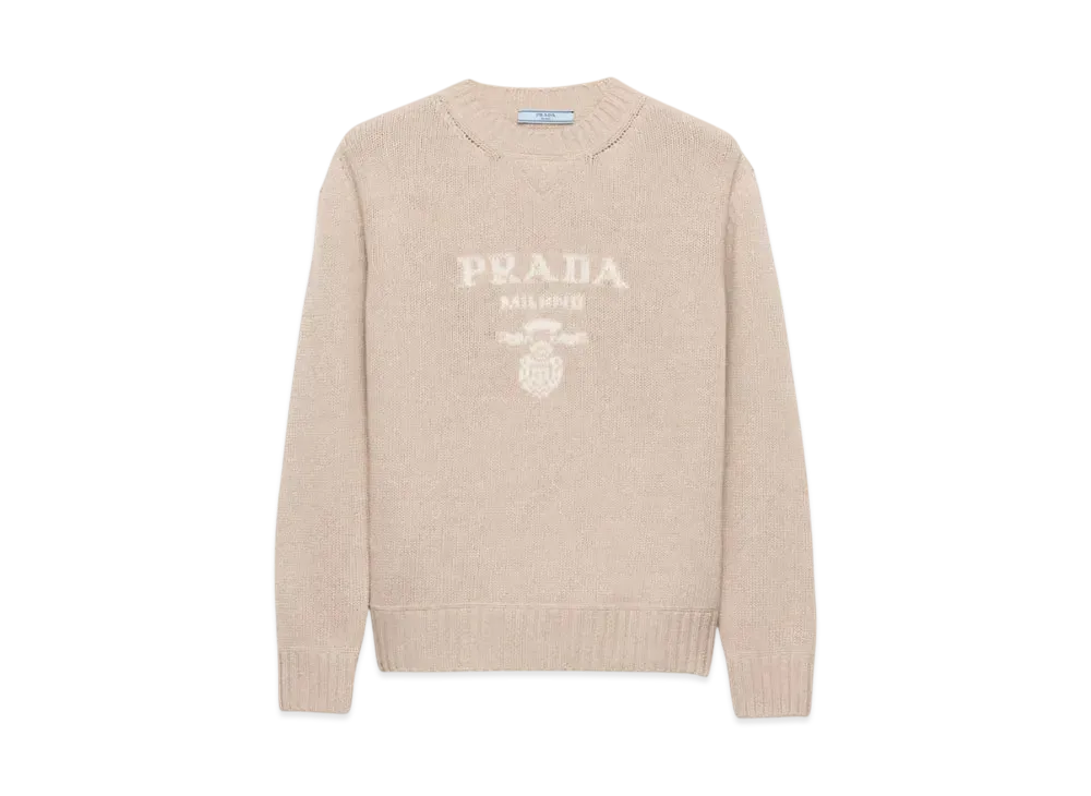 PRADA Women's Cashmere and Wool PRADA Women's Logo Crew-Neck Sweater "Sand Beige"