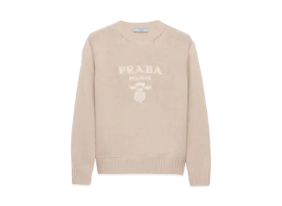 PRADA Women's Cashmere and Wool PRADA Women's Logo Crew-Neck Sweater "Sand Beige"