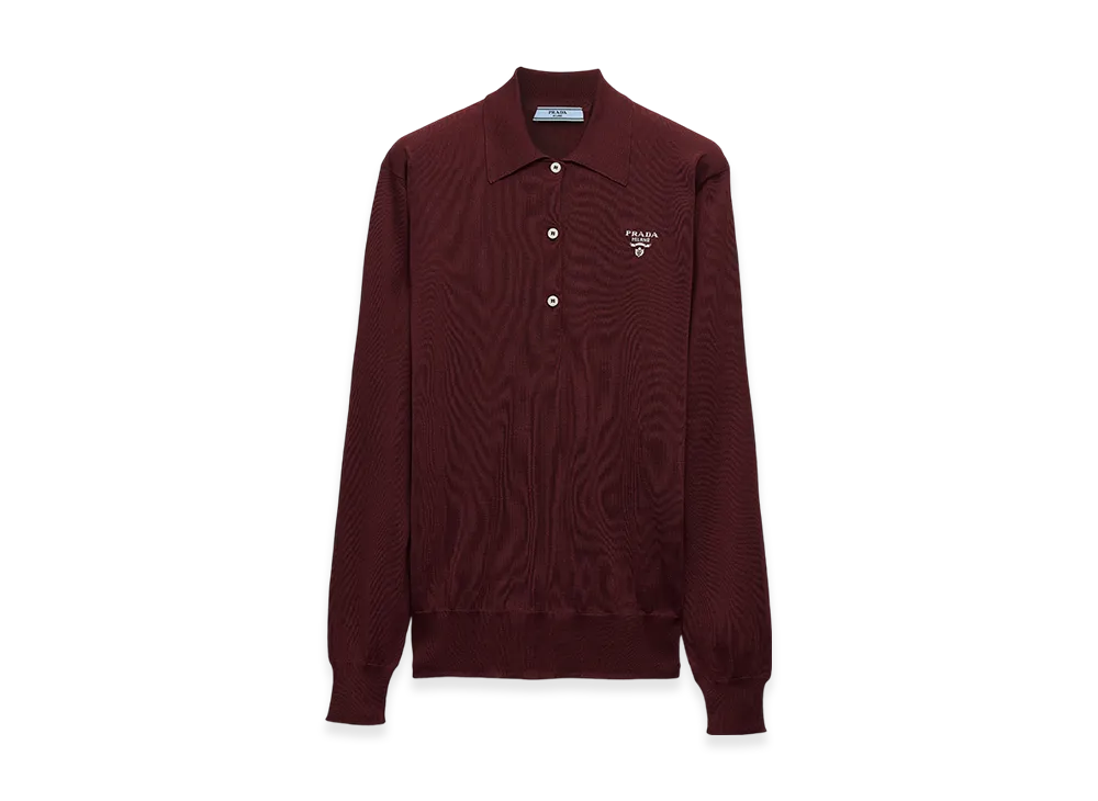 PRADA Women's Long Sleeved Silk Polo Shirt "Amaranth Red/Maize Yellow"