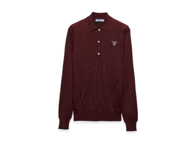PRADA Women's Long Sleeved Silk Polo Shirt "Amaranth Red/Maize Yellow"