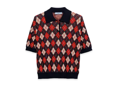 PRADA Women's Argyle Knit Cotton Polo Shirt "Navy"