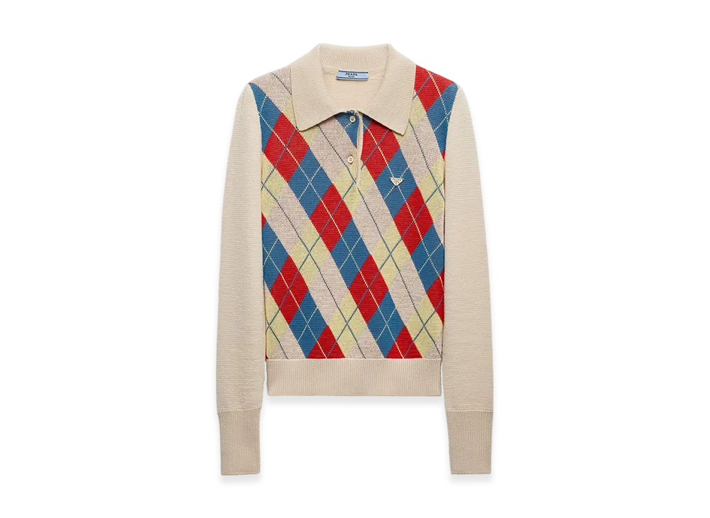 PRADA Women's Argyle Knit Wool Polo Shirt "Sand Beige"