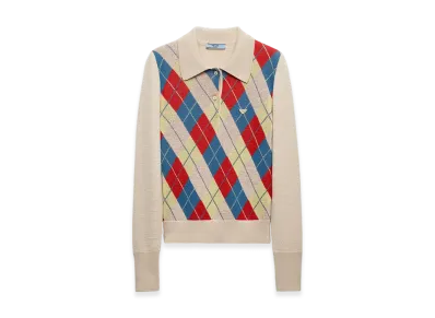 PRADA Women's Argyle Knit Wool Polo Shirt "Sand Beige"