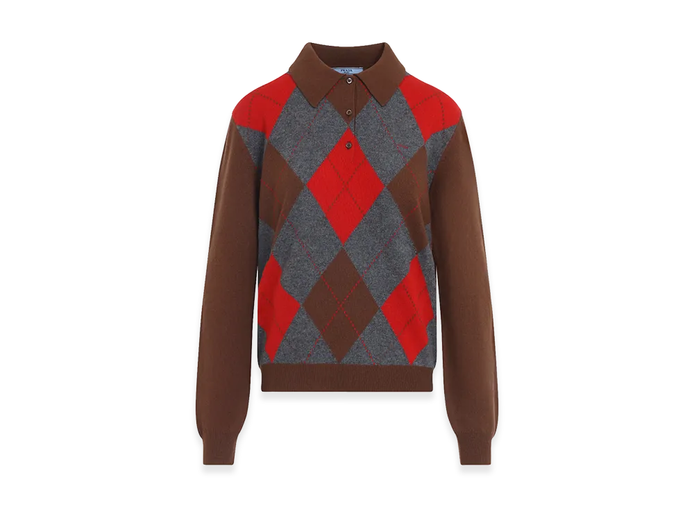 PRADA Women's Argyle Knit Polo Sweater "Brown/Gray/Red"