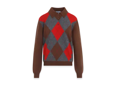 PRADA Women's Argyle Knit Polo Sweater "Brown/Gray/Red"