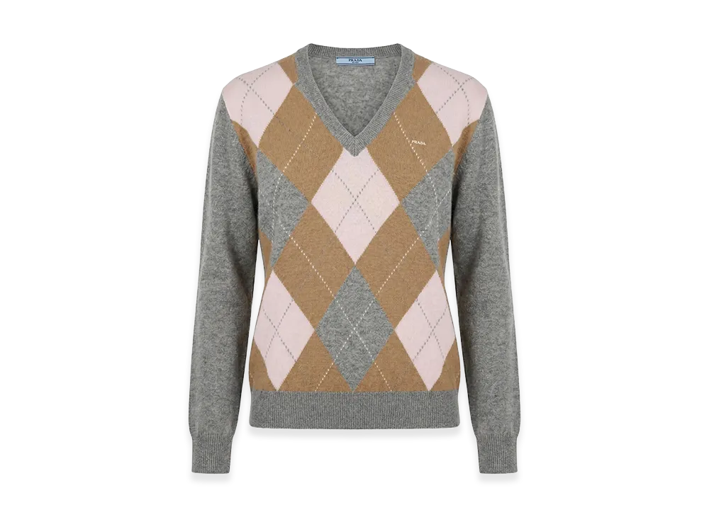 PRADA Women's Argyle-Pattern V-Neck Cashmere Sweater "Gray/Beige/Pink"