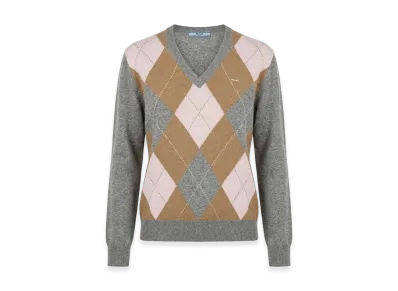 PRADA Women's Argyle-Pattern V-Neck Cashmere Sweater "Gray/Beige/Pink"
