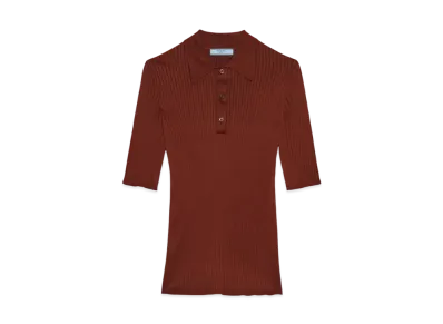 PRADA Women's Cotton Polo Sweater "Copper Brown"