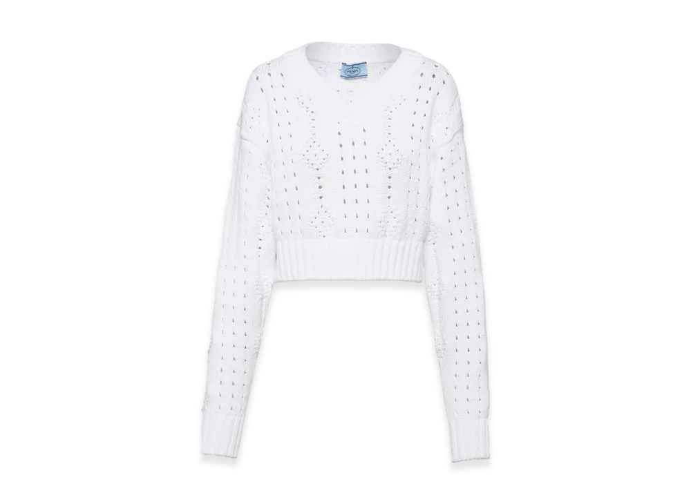 PRADA Women's Cropped V-Neck Cotton Sweater "White"