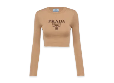 PRADA Women's Cropped Silk Sweater with Logo "Camel Brown"
