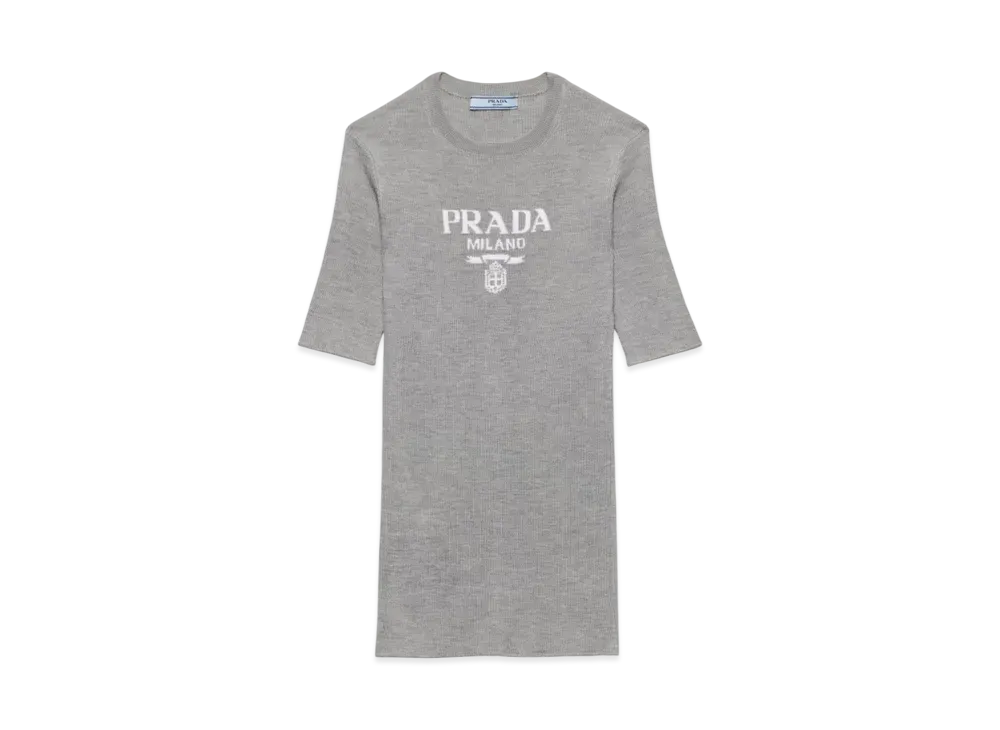 PRADA Women's Silk Crew-Neck Sweater with Logo "Gray"