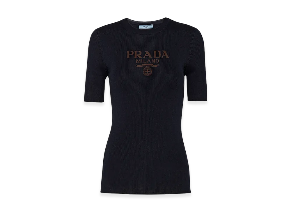 PRADA Women's Silk Crew Neck Sweater with Logo "Navy"