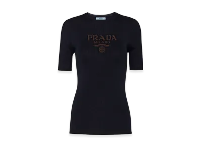 PRADA Women's Silk Crew Neck Sweater with Logo "Navy"