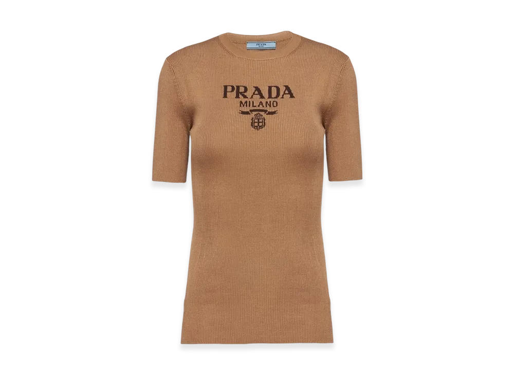 PRADA Women's Silk Crewneck Sweater with Logo "Camel Brown"