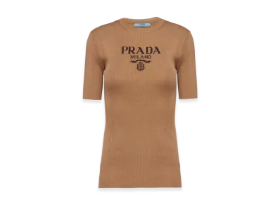 PRADA Women's Silk Crewneck Sweater with Logo "Camel Brown"