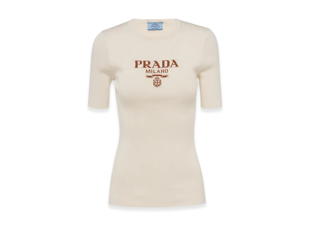 PRADA Women's Silk Crewneck Sweater with Logo "Ivory"