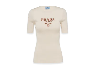 PRADA Women's Silk Crewneck Sweater with Logo "Ivory"
