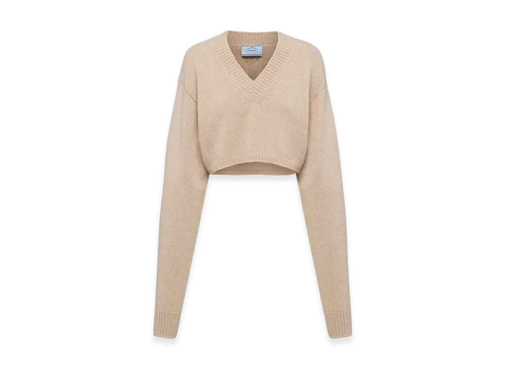PRADA Women's Wool and Cashmere V-Neck Sweater "Camel Brown"