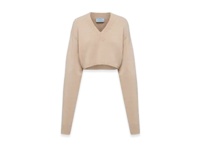 PRADA Women's Wool and Cashmere V-Neck Sweater "Camel Brown"