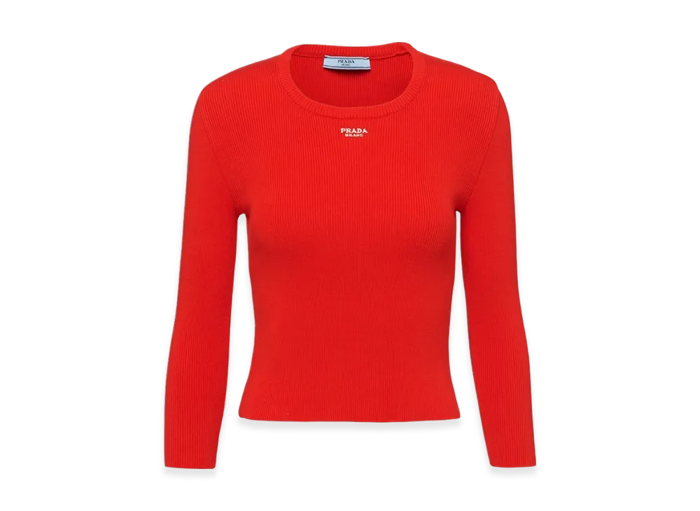 PRADA Women's Cotton Sweater with Embroidered Logo "Lacquer Red"