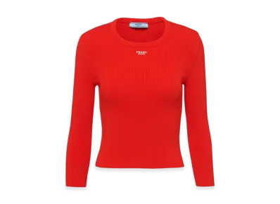 PRADA Women's Cotton Sweater with Embroidered Logo "Lacquer Red"