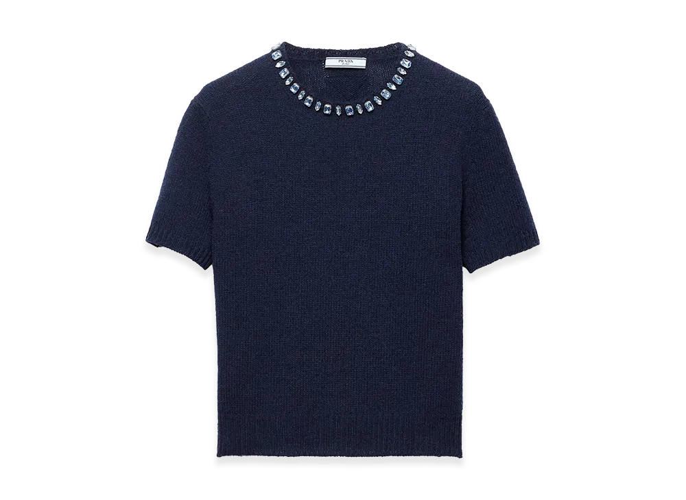 PRADA Women's Wool And Cashmere Crewneck Sweater With Jewel Details "Blue"
