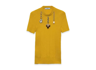 PRADA Wonen's Short-Sleeved Wool Knit Sweater With Pendants "Yellow"