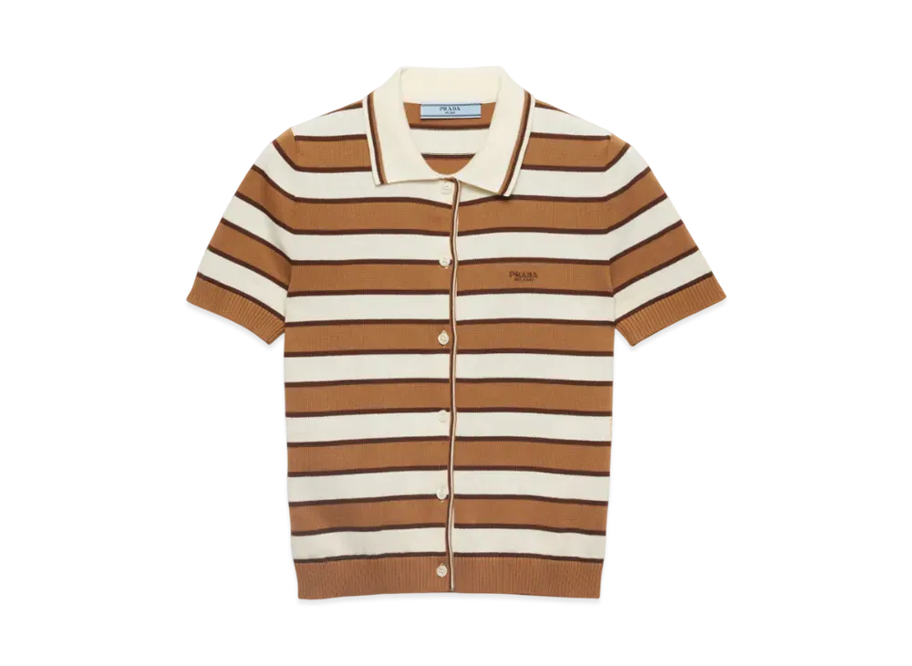 PRADA Women's Short-Sleeved Striped Cotton Cardigan "Camel/Beige"