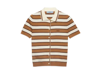 PRADA Women's Short-Sleeved Striped Cotton Cardigan "Camel/Beige"