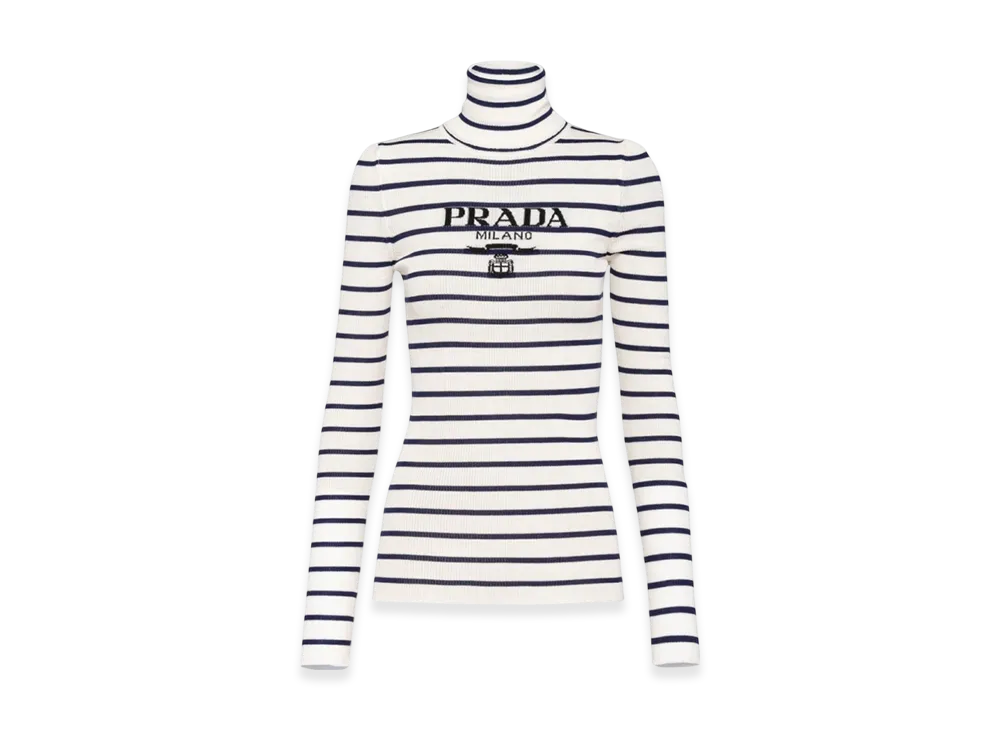 PRADA Women's Superfine Wool Turtleneck Sweater "Ivory/Navy Blue"