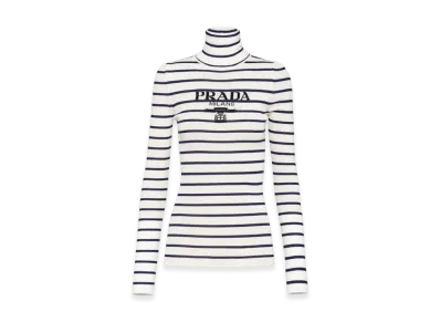 PRADA Women's Superfine Wool Turtleneck Sweater "Ivory/Navy Blue"
