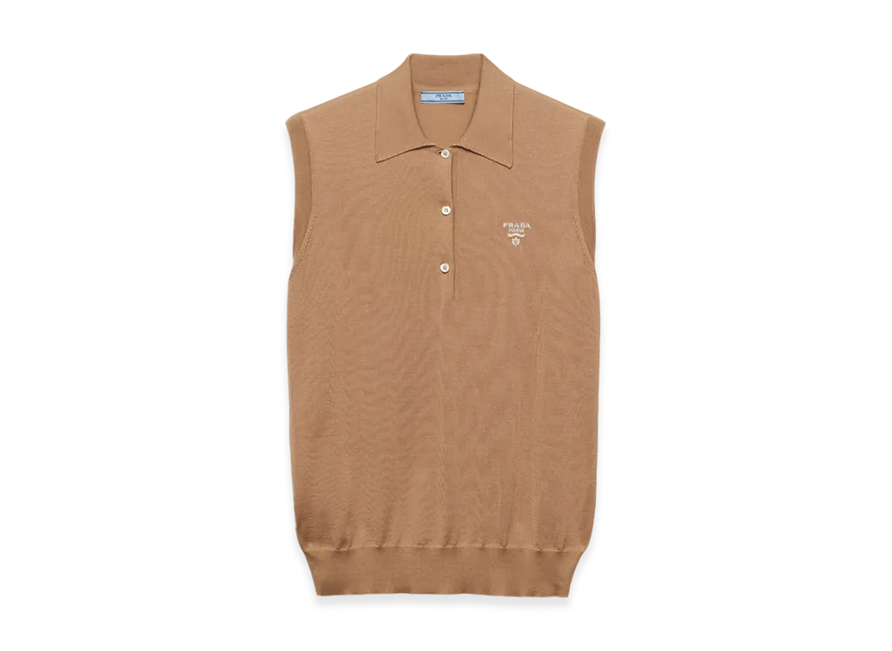 PRADA Women's Sleeveless Silk Polo Shirt "Camel Brown"