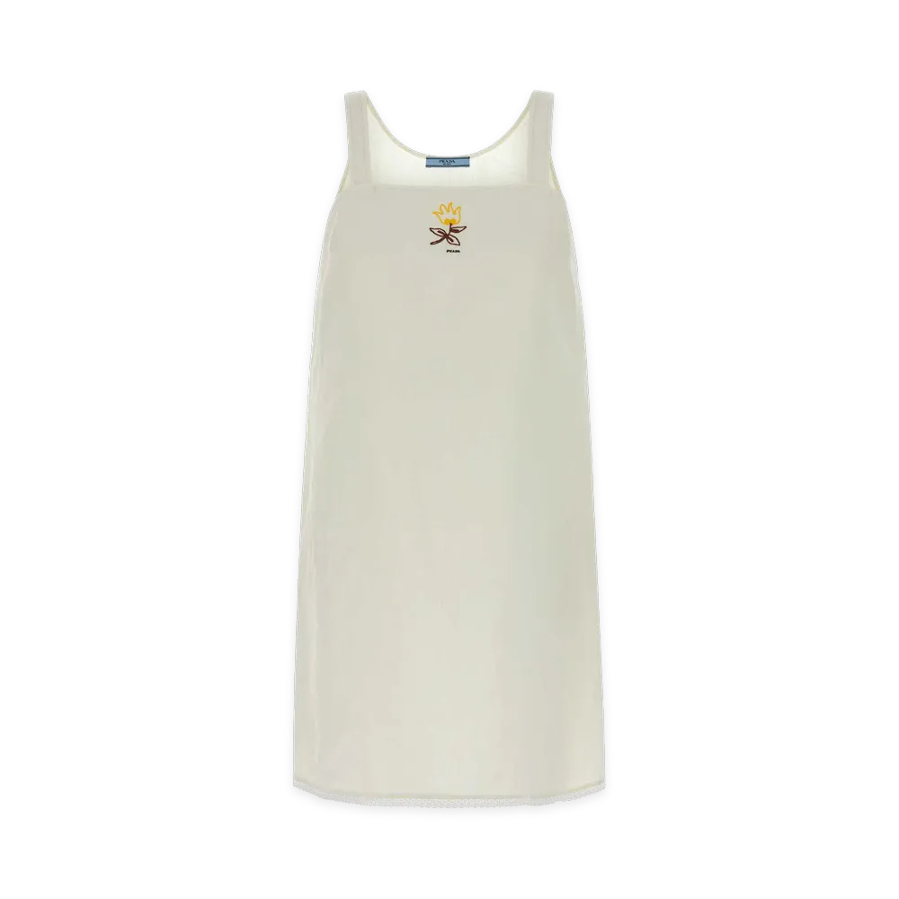 PRADA Women's Embroidered Slubbed Fabric Mini-Dress "White"