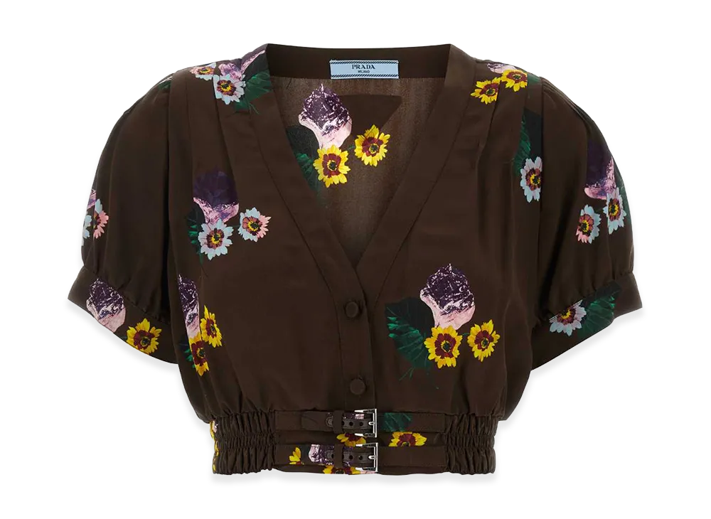 PRADA Women's Printed Poly Pongee Crop-Top "Brown"